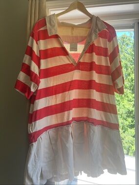 Free People Red and White Striped Polo Tunic